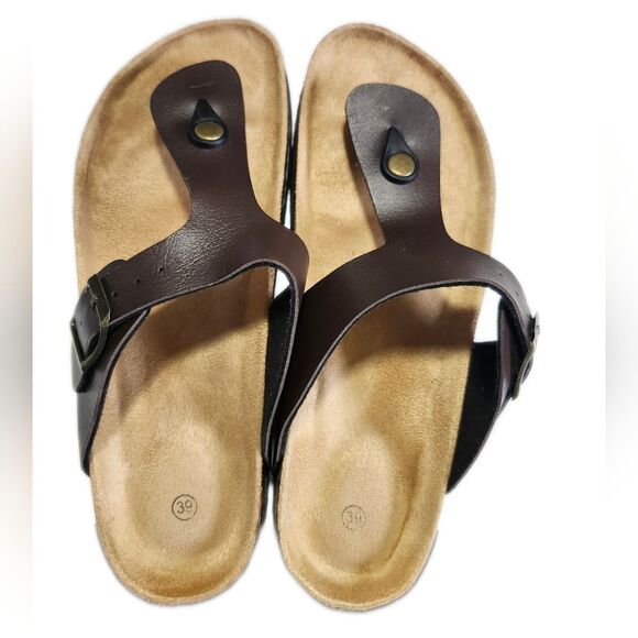 Brown Leather Upper Cork Bed Sandals, Side Snap/Buckle, Size 39 (Wm 8.5) - Picture 2 of 6